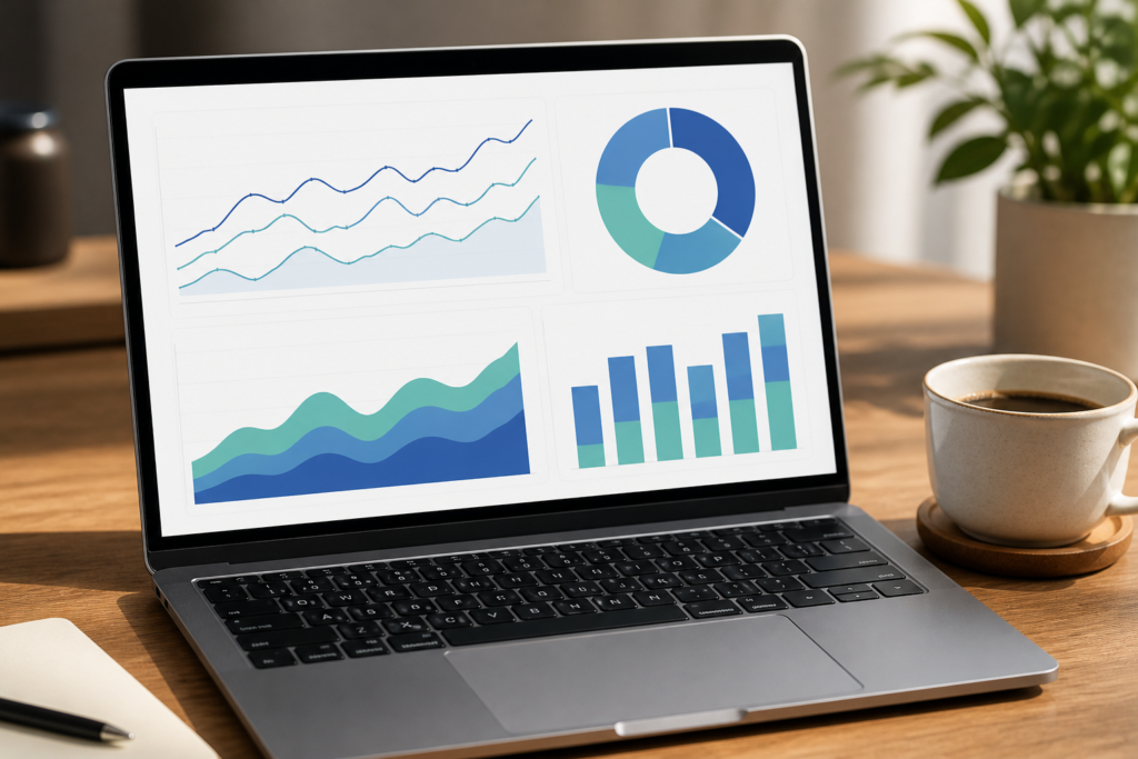 A close-up view of a clean laptop screen showing a marketing report with line graphs and device usage statistics sitting beside a cup of coffee on a wooden desk